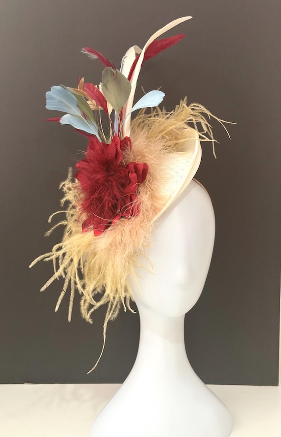 Beige Green Wine Fascinator Hat, Feather Fascinator Hat, Wedding Fascinator, Red Wine Flower, Beige Green Blue Feather Church Fascinator Hat