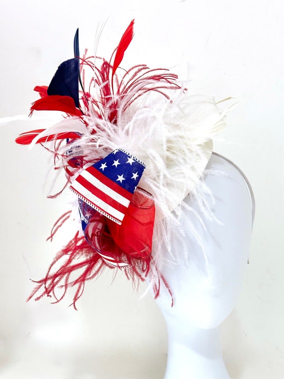 USA Red White and Blue Fascinate Hat, Patriotic Hat, 4th of July Derby Fascinator Hat, Fascinator Hat, American Red White Blue Derby Hat