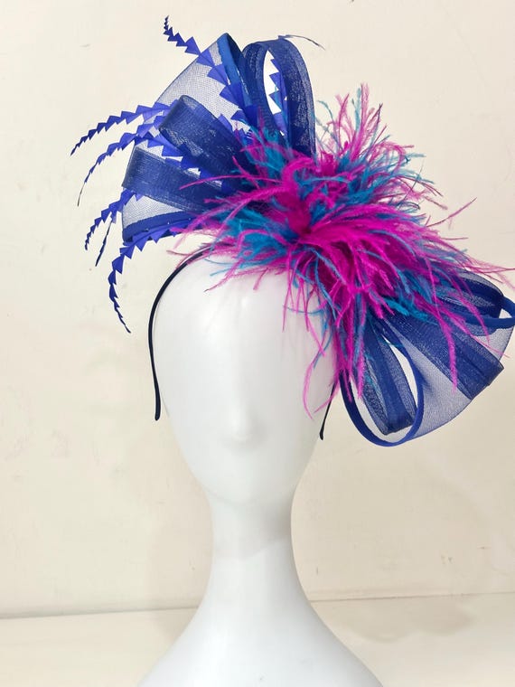 Bow Fascinator, Blue Pink Feather Bow Fascinator, Big Royal Blue Pink  Bow Kentucky Derby Hat Fascinator Headband, Green, Hot Pink,White Bow