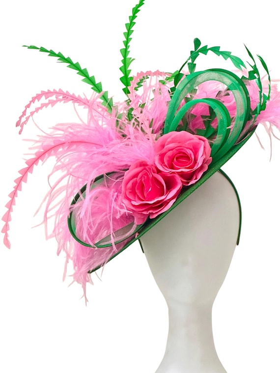 Pink Green Derby Fascinator Hat, Green Pink Fascinator Hat, Big Brim Derby Fascinator Hat, Church Wedding Garden Tea Party Fascinator Hat