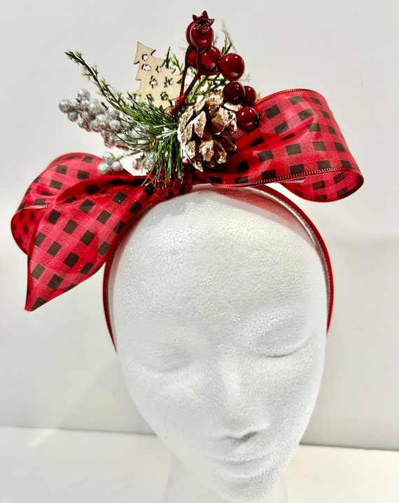Christmas Headband Fascinators, Christmas Plaid Bow Headbands, Holly Berry Christmas Headband, Red White Headband, Christmas Party Headband