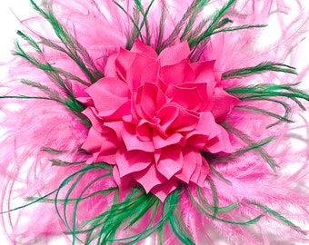 Custom Kentucky Derby Fascinator, Bright Pink Green Derby Hat, Navy Blush Beige Ostrich Feather Fascinator Headband,Let me Customize yours!!
