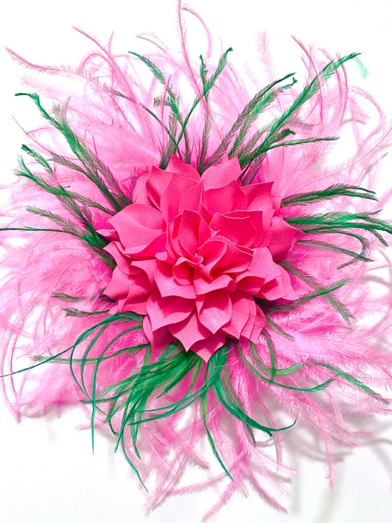 Custom Kentucky Derby Fascinator, Bright Pink Green Derby Hat, Navy Blush Beige Ostrich Feather Fascinator Headband,Let me Customize yours!!