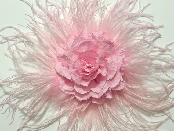 Pink Peony Fascinator Hat Clip, Pink Wedding Flower Hair Clip, Big Crinkle Flower Clip, White, Ivory Crinkle Flower Ostrich Feather Clip