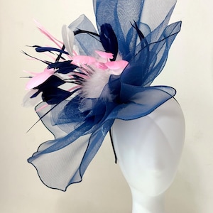 Navy Pink White Feather Derby Fascinator Hat, Big  Kentucky Derby Hat, Navy White, Orange, Pink Custom Fascinator Hat, Church Wedding Hat