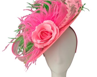 Sombrero tocado Derby rosa y verde, sombrero tocado verde y rosa, sombrero tocado Derby de ala ancha, sombrero tocado para iglesia, boda, jardín o fiesta de té