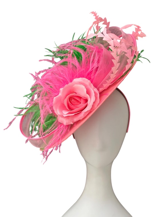 Pink Green Derby Fascinator Hat, Green Pink Fascinator Hat, Big Brim Derby Fascinator Hat, Church Wedding Garden Tea Party Fascinator Hat