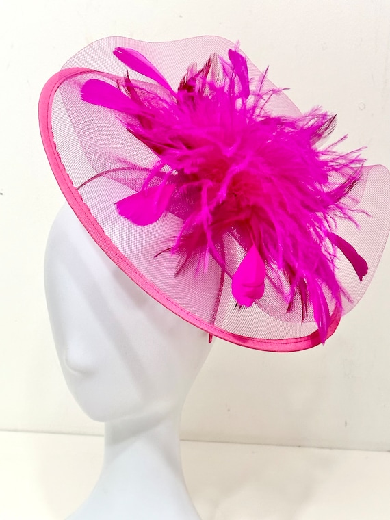 Hot Pink Kentucky Derby Hat Fascinator Headband, Pink Feather Hat Fascinator Headband , High Tea Hat, Navy Fascinator Headband