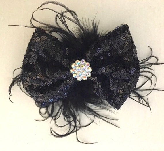 Black Feather Hair Bow, Black Hair Bow, Dance Costume Black Feather Clip, Custom Feather Hair piece, Purple, Red,Silver, Gold, Pink Clip