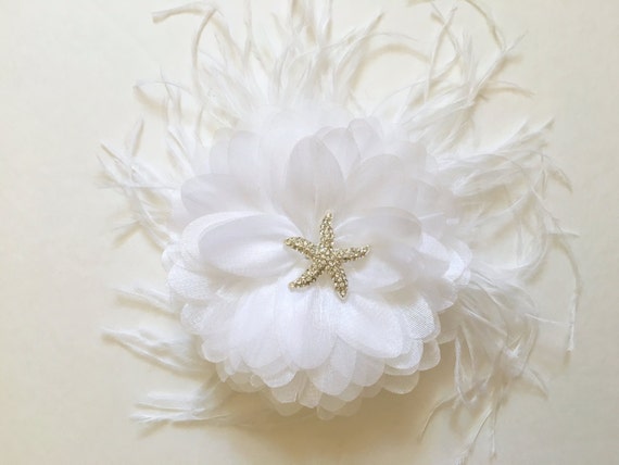 Beach Wedding Headpiece, Beach Bridal Fascinator. White Hair Flower Clip, Feather Fascinator, Destination Beach Wedding