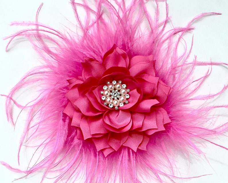 Pink Hot Pink Ostrich Feather Clip, Shocking Pink Feather Flower Clip Brooch Pin, Pink Feather Flower Brooch Pin, Custom Feather Flower Clip image 3