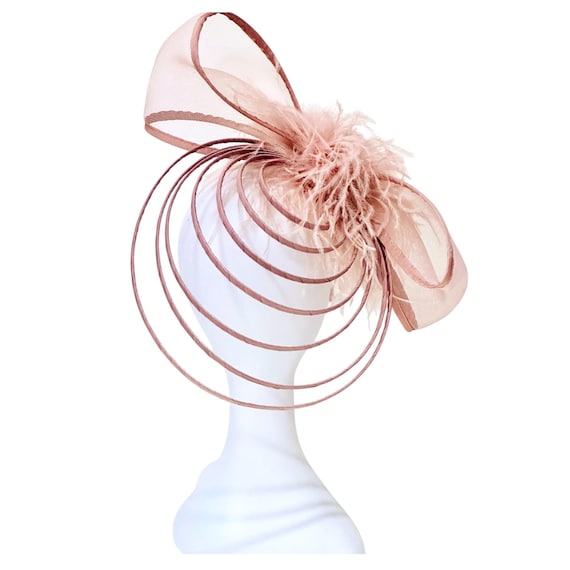 Bow Caged Fascinator Hat, Pink Dusty Rose, Mocha Brown, Black, White Green Feather Fascinator Hat, Modern  Chic Wedding  Bridal Hat, Church