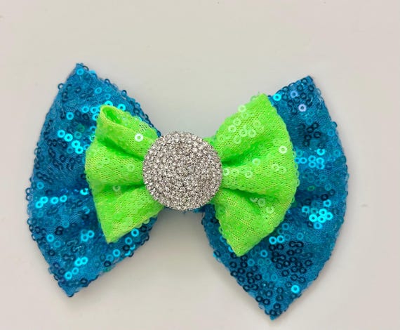 Dance Costume Bow, Neon Green Bow Turquoise Dance Sequin Bow, Crystal Bow, Dance competition Hairpiece, Green Blue Bow, Custom Dance Hair
