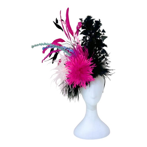 Pink Blue Black Derby Fascinator Hat, Kentucky Derby Hat, Black Pink Blue Feather Derby Hat, Church Wedding Fascinate, Garden Tea Party Hat