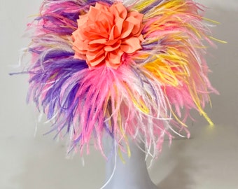 Bright Pink Coral  White Kentucky Derby Hat Fascinator Headband, Custom Feather Headband Kentucky Derby Fascinator Hat