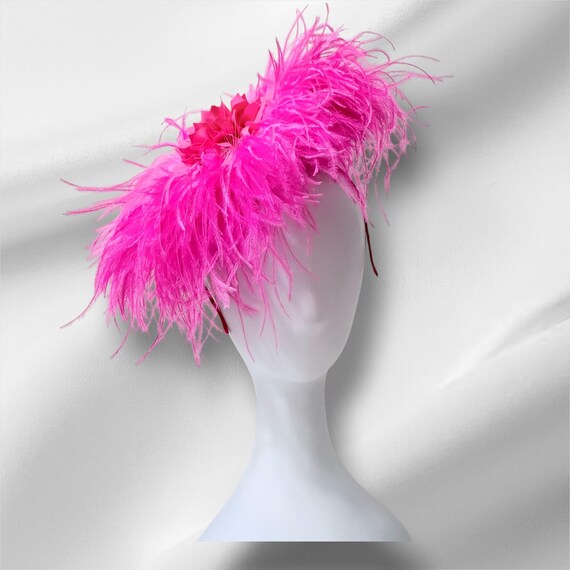 Pink Feather Fascinator Hat, Bright Pink Green Ostrich Feather Fascinator Hat, Kentucky Derby Fascinator Hat Garden Tea Party Hat Bespoke