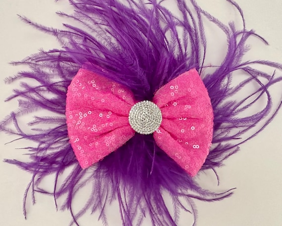Dance Costume Feather Bow Clips, Bright Pink, Lime, Turqoise Dance Hair Bows, Pink, Hot Pink, Black,Purple, Red, Gold, Fuchsia, Customize
