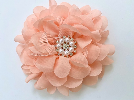 Coral Blush Peach Flower Clip, Big Flower Clips, Blush, Pink, Blue Chiffon Mesh Wedding Bridal Hair Accessories, Custom Wedding Headpiece