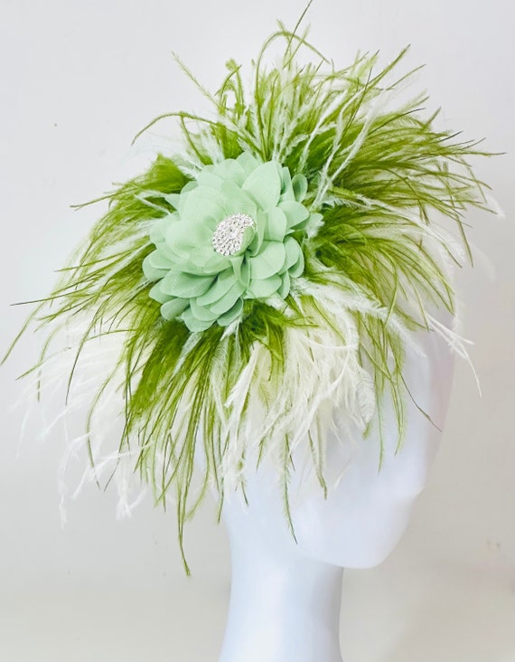 Green Ivory Derby Fascinator Hat Headband, Kentucky Derby Hat,  Blended Feather Fascinator Headband, Church Derby Hat, Wedding Fascinator