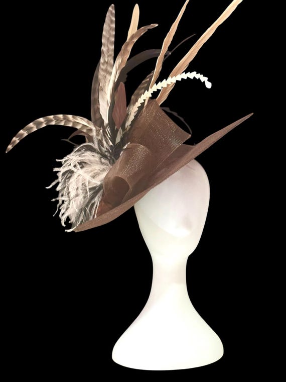 Beige Chocolate Fascinator Hat, Custom Kentucky Derby Fascinator Hat, Cream Beige Chocolate Black Feather Fascinator Hat, Church Wedding Hat