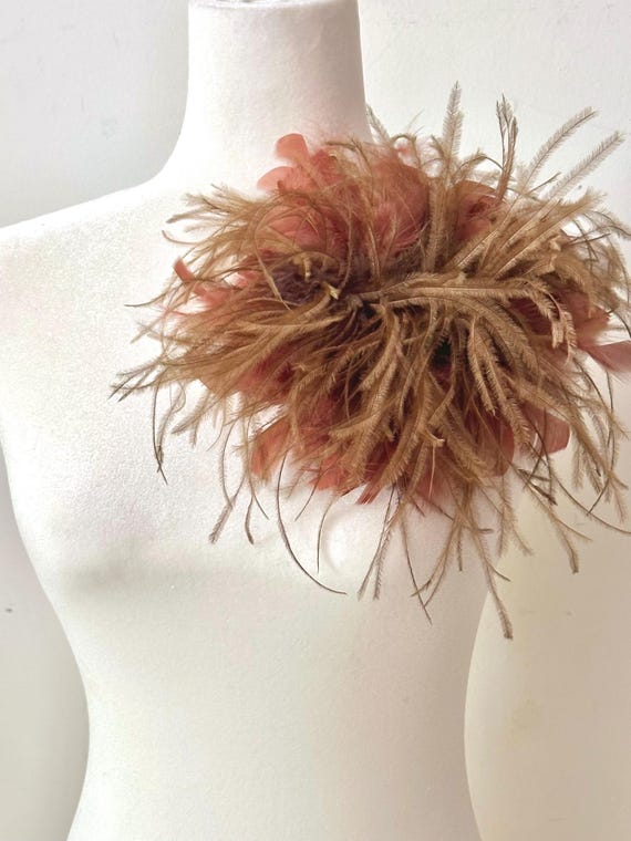 Large Feather Brooch Pin, Mocha Brown Rust  Dark Teal, Army Green Ostrich Feather and Turkey Feather Brooch Pin, Feather Corsage Pin