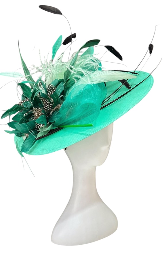 Green Black Derby Fascinator Hat, Big Derby Hat, Aqua Green Black Feather Wedding Fascinator Ascot Derby Fascinator Hat,Garden Tea Party Hat