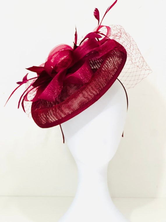 Burgundy Fascinator Hat, Deep Red Wine fascinator Hat Headband, Wedding fascinate hat, Mother of the bride Veil Hat Fascinate, Deep Red Hat