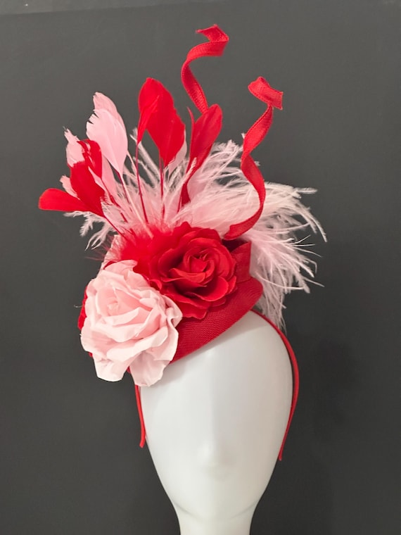 Red & Pink Feather Rose Fascinator: Couture Wedding Hat