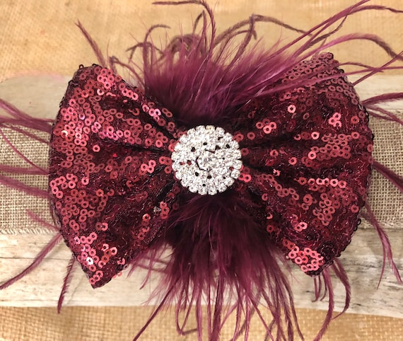 Burgundy Feather Bow, Feather Hair Clip, Deep Red Wine Feather Bow, Black Feather Hair Bow, Dance Costume Hairpiece, all colors