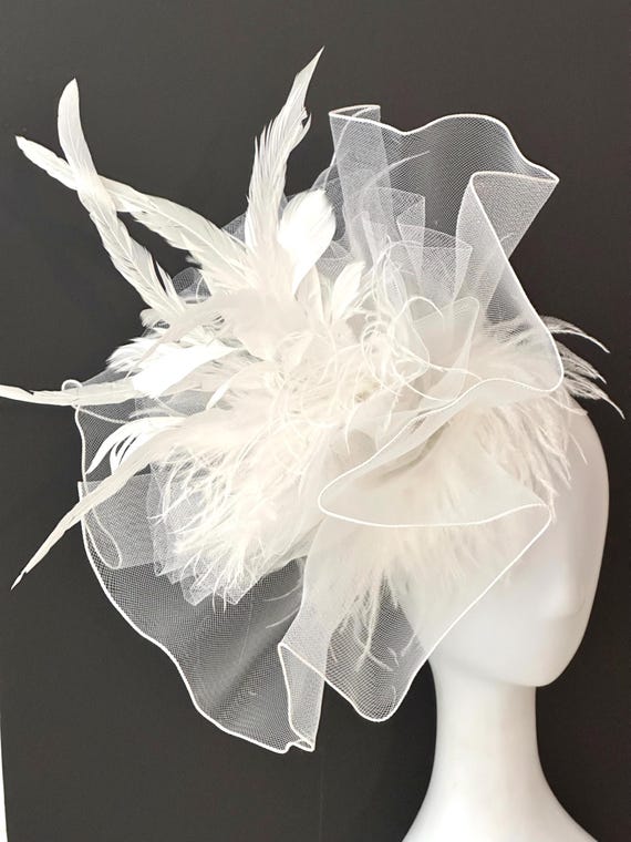 Diner en Blanc Fascinator Hat, White Feather Fascinate Hat, Wedding Fascinator, Feather Derby Hat, Church Hat, Garden Tea Party Hat, Custom