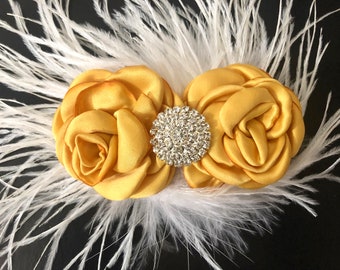 Gold Flower Feather Clip,  Burgundy Flower Clip, Wedding Headpiece, Wedding Bridal Flower Hair Accessory, Custom Hairpiece