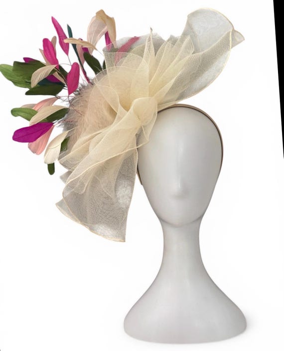 Custom Kentucky Derby Fascinator Hat, Sheer Kentucky Derby Hat, Beige Olive, Pink Orange Green Dusty Rose Sheer  Church Garden Tea Party Hat