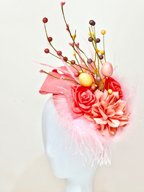 Easter Flower Hat Fascinator Easter Parade Hat, Easter Egg Hat Headband Fascinator, Pink Coral Feather Fascinator Hat, Easter Parade Hat