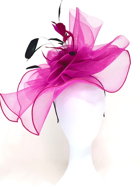 Pink Black Kentucky Derby Hat Fascinator, Big Brim Derby Hat, Fuchsia Pink Feather Derby Hat, High Tea Church Wedding Fascinator Hat,