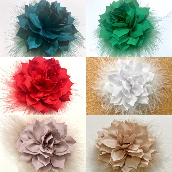 Flower Brooch Pins, Flower Clips, Pink, Hot Pink, Beige, White, Blush, Burgundy Red Wine,Navy, Green, Black Feather Brooch Clips, All Colors