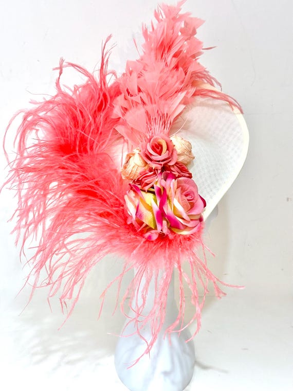 Pink Blush Coral Derby Fascinate Hat, Pink Coral Beige Wedding Fascinator Church Hat, Pink Coral Mother of the Bride Hat, Custom Feather Hat