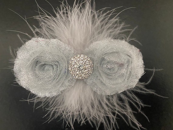 Silver Grey Flower Clip, Glitter Crystal Headband, Silver Girls Headband, Silver Glitter Shabby Feather Hair Clip, Silver Baby Headband,