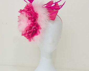 Pink Feather Kentucky Derby Fascinator Hat, Big Flower Pink Hot pink Flower Feather Derby Hat,  High Tea Hat, Church Hat, Wedding Fascinate