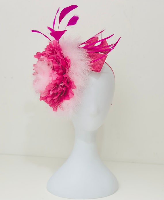 Pink Feather Kentucky Derby Fascinator Hat, Big Flower Pink Hot pink Flower Feather Derby Hat,  High Tea Hat, Church Hat, Wedding Fascinate