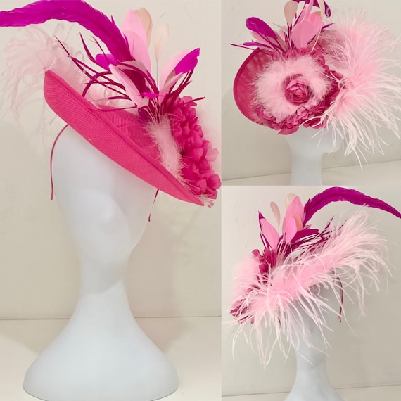 Pink Feather Kentucky Derby Hat Fascinator Headband, Pink Wedding Fascinator, Church Tea Party Hat,  Ready to Ship Church Derby Hat