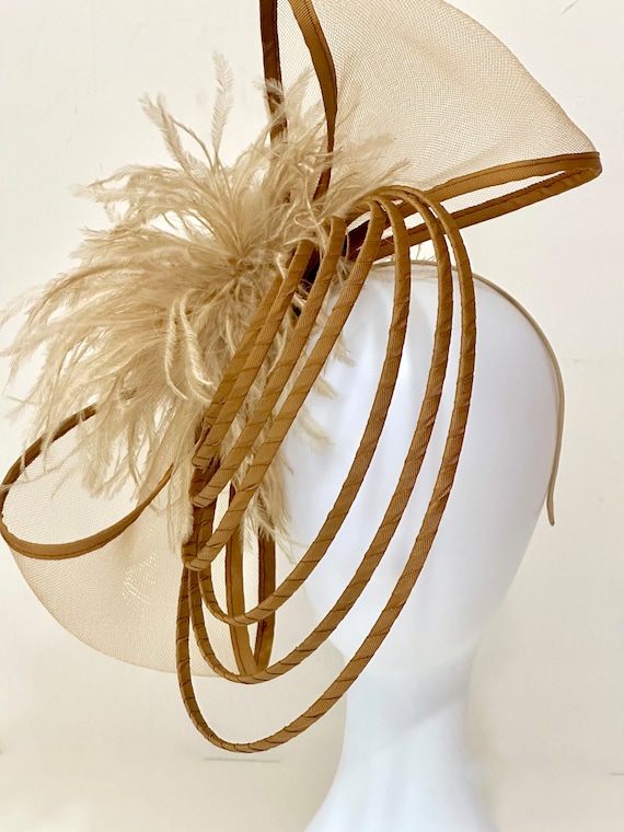 Bow Fascinator Headband, Bronze, Golden Yellow Kentucky Derby Big Hat,Pale Yellow Gold Feather Bow Fascinator Headband,Modern Bow Spiral Hat