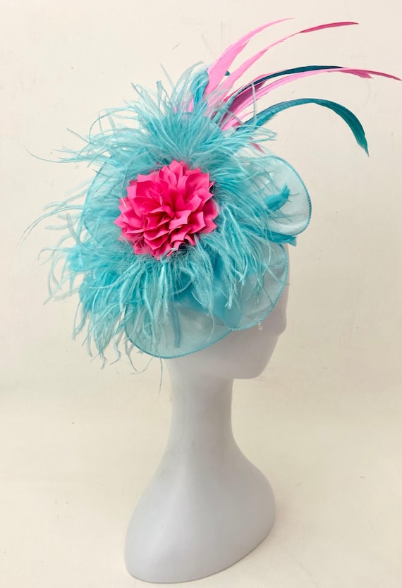 Bright Pink Aqua Derby Fascinator Hat, Pink Feather Derby Hat, Church Wedding Derby Hat, Candy Pink  Tea Party Hat, Cotton Candy Pink