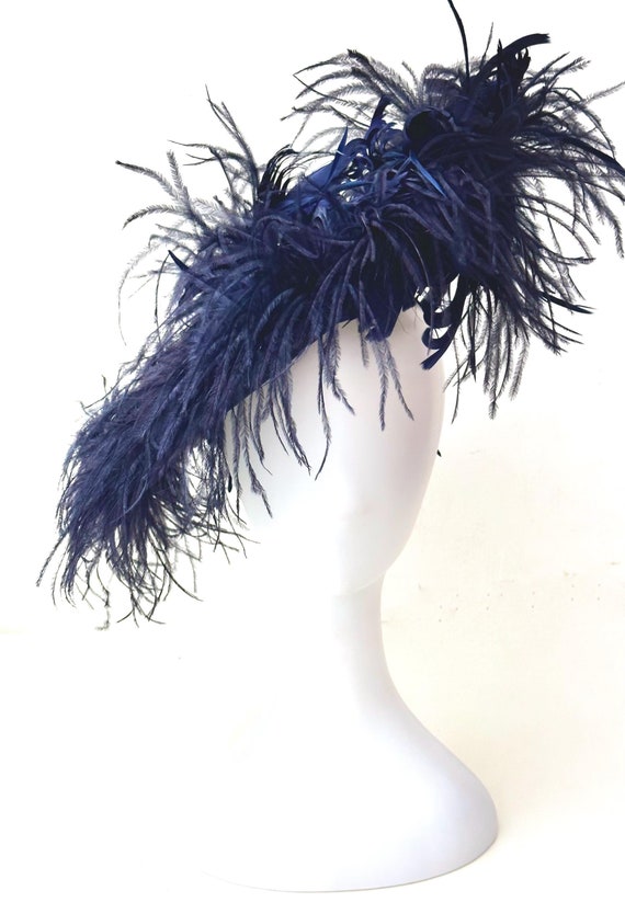 Navy Feather  Fascinator Hat, Navy Kentucky Derby Fascinator Hat, Custom Feather Fascinator Hat, Couture Design, Garden Party Hat,