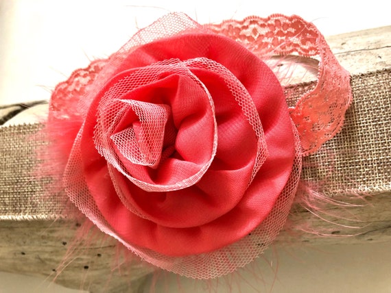 Coral Baby Floral Headband,Baby Flower Headband, Coral Flower Lace Marabou Headband, Baby Headband, Flower Girl Headband