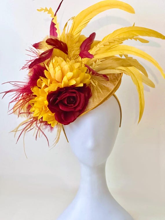 Gold and Wine Fascinator Hat, Mustard Yellow Red Wine Feather Fascinator Hat, Fall Harvest, Fascinator, Church Wedding Hat, Garden Tea Party