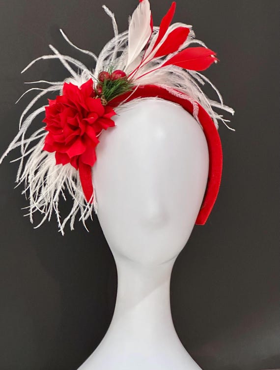 Red White Feather Christmas Fascinator Headband, Red Rose Velvet Christmas Fascinator Headband: Holiday Holly Red White Flower Headband