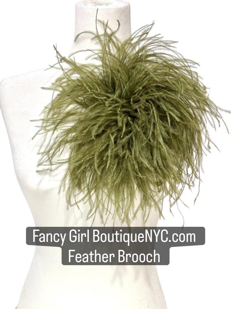 May include: An olive green feather brooch featuring long, wispy plumes arranged in a circular, voluminous cluster. A dark rectangular label is overlaid at the bottom with the white text Fancy Girl BoutiqueNYC.com and Feather Brooch.