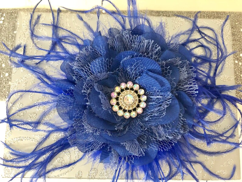 Bridal Hair Clip Bridal Flower Girl Hair Accessories Royal Blue Flower Hair Clip Derby Hat Feather Clip Blue Fascinator