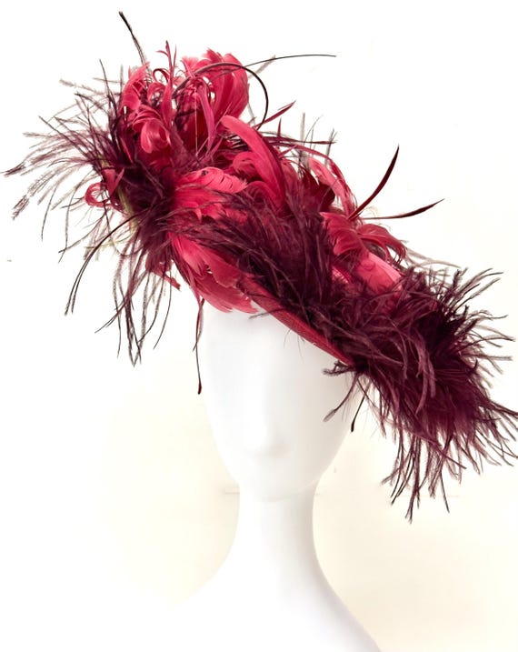 Burgundy Wine Feather Fascinator Hat, Ostrich Feather Hat, Garden Tea Party Hat, Church Wedding Mother of the Bride Hat, Kentucky Derby Hat