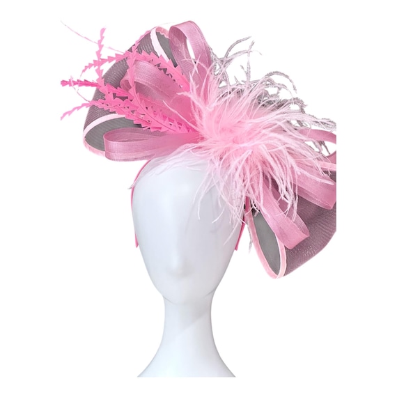 Pink Hot Pink Bow Fascinator, Big Bow Feather Headband, Kentucky Derby Hat, Wedding Bow Fascinator Headband,Magenta Pink Green White Bow Hat